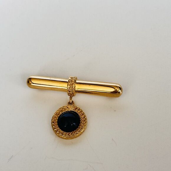 Vintage Monet Bar Dangle Brooch Gold And Black Cabochon Medallion 2” Signed - Picture 2 of 9